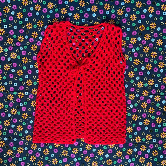 1960s Vintage Red Knit Hippie Vest || M / L || ha… - image 2