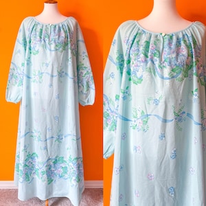 1960s Vintage Full Length Blue Floral Nightgown || OS P || long balloon sleeve lightweight pajama sleep lingerie maxi dress vtg