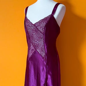 1990s Vintage Victoria&#39;s Secret Gold Label Purple Night Gown || M / L || plum full length with slit tank top lace detail 90s lingerie sleep