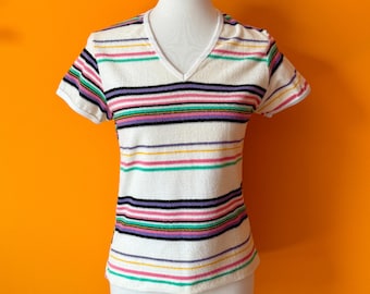 1970s Striped Terry Cloth Tee Shirt || S / M || by Revolver V neck short sleeve white mint pink top blouse 70s casual
