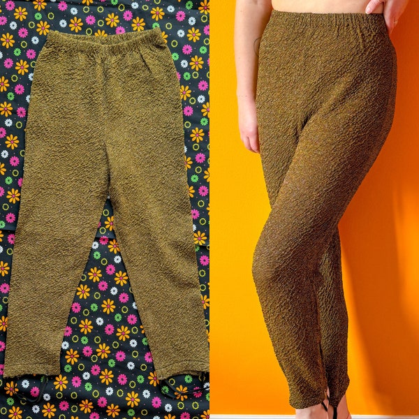 1960s Vintage Gold Stretch Stirrup Pants || XS S M || sparkle lurex glam high waisted 50s 60s housewife capris polyester skinny legging