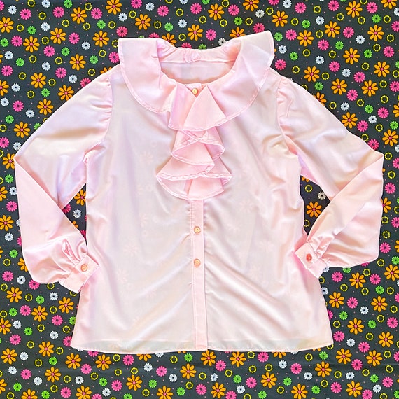 1960s Vintage Handmade Pink Frilly Blouse || XL 1… - image 1