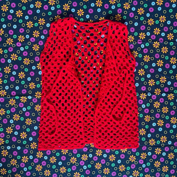 1960s Vintage Red Knit Hippie Vest || M / L || ha… - image 4