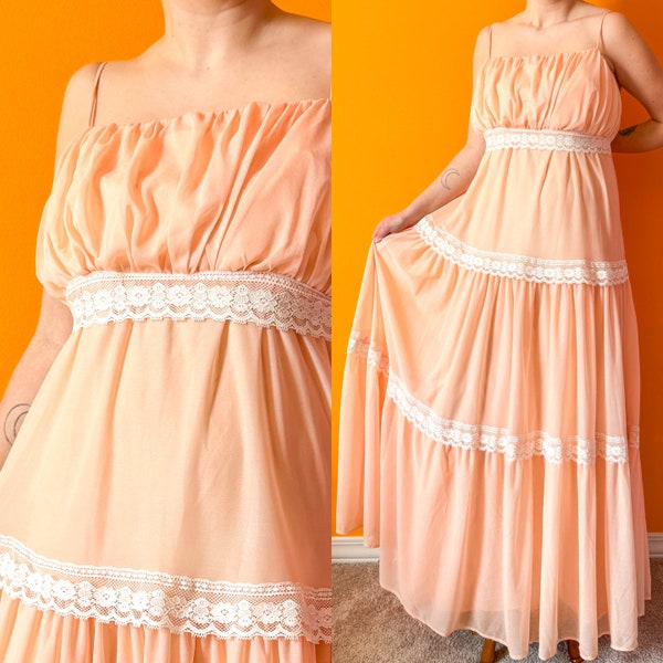 1970s Vintage Peach Formal Dress || L / XL || tiered lace chiffon tank top prairie cottage core gunne prom event formal handmade gown AS IS