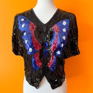 1970s 1980s Vintage Sequin & Silk Butterfly Top || OS || black blue pink beaded party disco crop short sleeve blouse