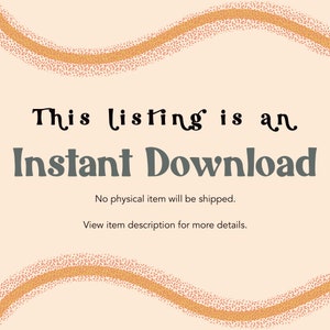 K&ouml;nnte beinhalten: Text auf einem pfirsichfarbenen Hintergrund mit einer wellenf&ouml;rmigen orangen Linie oben und unten. Der Text lautet "Diese Anzeige ist ein Sofort-Download. Es wird kein physischer Artikel versandt. Weitere Informationen finden Sie in der Artikelbeschreibung."