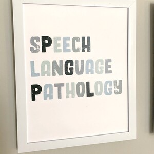 K&ouml;nnte beinhalten: Ein wei&szlig;er gerahmter Druck mit den Worten "SPEECH LANGUAGE PATHOLOGY" in schwarzen und blauen Buchstaben mit einem verwitterten, strukturierten Look.