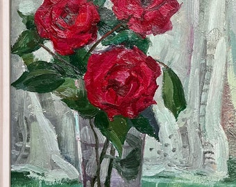 Vintage Pink Roses Oil Painting: Mid-Century Floral Still Life