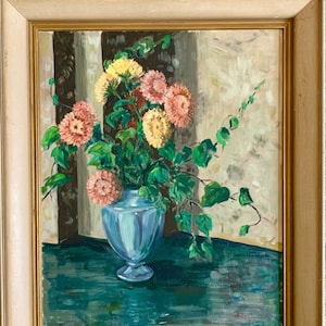 Original Vintage Oil Painting Floral Still Life; Still Life with Flowers Vintage Painting; Floral Still Life Painting of Chrysanthemums
