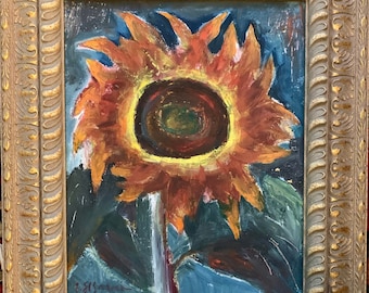 Modernist Sunflower Painting, Framed Still Life
