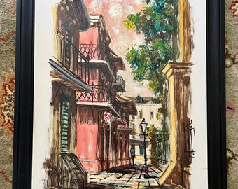 New Orleans Vintage Oil Painting Streetscape; Original Painting of Paris or New Orleans; 1950's Vintage Streetscape, French Quarter