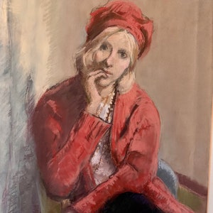 Original Vintage Portrait Gemälde von Frau in Rot, gerahmtes Pastell FrauenPortrait,"Mädchen in Rot", OriginalPortrait, Sitzende Frau