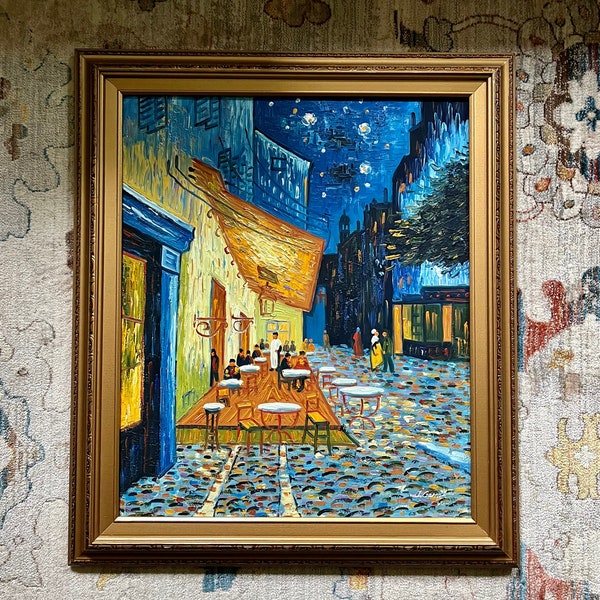 Pintura original vintage después de la terraza del café de Van Gogh por la noche; Copia original de la pintura de Cafe Terrace at Night firmada por el artista