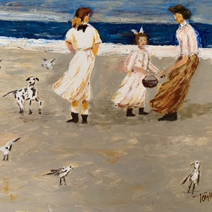 Original Oil Painting of Windy Day at the Beach, Painting of Girls and a Dog at the Beach, Original Beach Scene Painting of Dog and Children