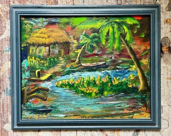 Pintura vintage de palmeras tropicales, paisaje acrílico firmado