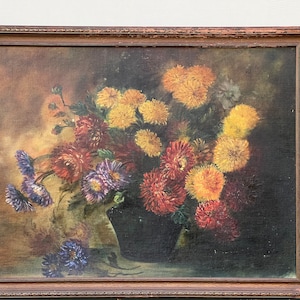 Antique Oil Painting of Flowers, Original Antique Still Life of Flowers in Vase, Vintage Original Oil Painting Still Life With Flowers