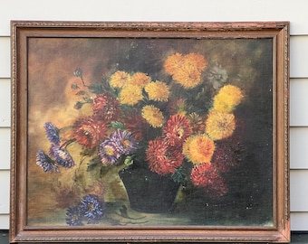 Antique Oil Painting of Flowers, Original Antique Still Life of Flowers in Vase, Vintage Original Oil Painting Still Life With Flowers