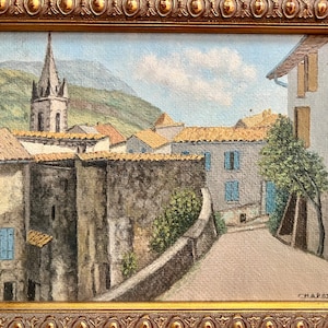 Vintage Painting of French Countryside and Chateau; Original Landscape Painting of French Countryside and Mountains; French Streetscape