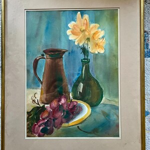 Vintage Mid Century Still Life of Grapes and Flowers; Original Floral Painting with Grapes; Still Life Watercolor with Flowers and Grapes