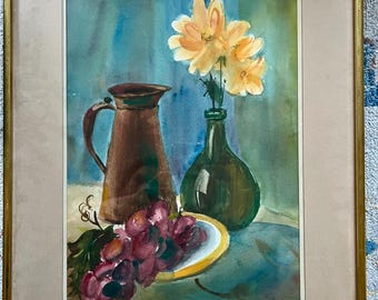 Vintage Mid-Century Still Life Watercolor Painting, Grapes and Flowers