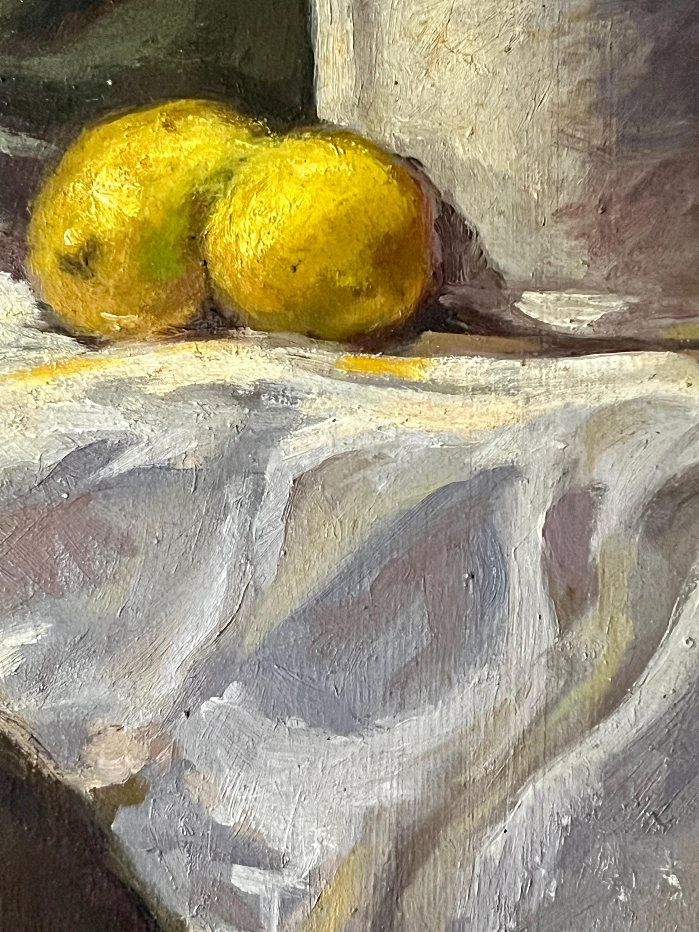 ヴィンテージ油絵、ティーカップとレモンの静物画、R.ブルトンのサイン