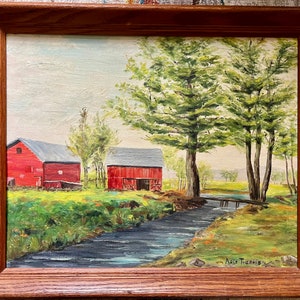 Original Vintage Oil on Canvas Painting of Barn, Oil Painting of Barns; Vintage New England Barn Oil Painting; Pastoral  River Farm Scene