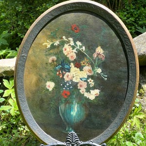 Pintura al óleo antigua de bodegón con flores; Pintura al óleo antigua de rosas e iris; Bodegón floral con rosas; Pintura original de flores