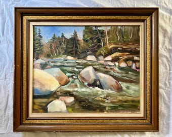Pintura vintage de paisaje de arroyo, firmada por Tsuukas, con marco de madera.