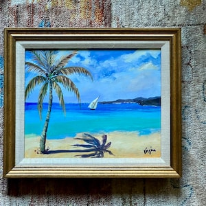 Vintage Original Landscape with Palm Tree; Seascape with Sailboat and Palm Tree: Tropical Ocean Painting; Seascape with Beach and Palm Trees