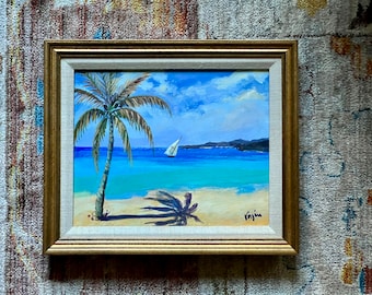 Pintura al óleo vintage de paisaje marino tropical: palmera y velero, enmarcada