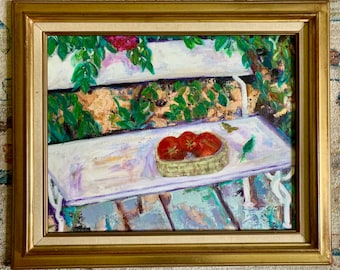 Dipinto a olio di natura morta da giardino d'epoca, Toby Heller, arte su tela incorniciata