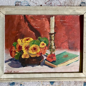 Bodegón floral original firmado vintage con libro y vela; Bodegón de flores Pintura al óleo con libro; Pintura de flores de capuchina