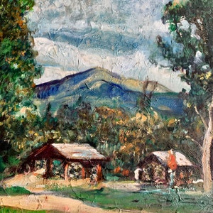 Original Vintage Oil Painting of Mountain Landscape with Cabins, Impressionist Style Painting of Mountain Scene, Mountain Landscape Painting