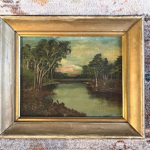 Antique Hudson River Style Landscape Oil Painting; Original Antique Landscape Oil Painting; 19th Century River Landscape Painting With Trees
