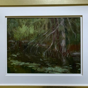 Original Vintage Landscape Oil Painting of Trees and Pond with Lilypads, Impressionist Style Wooded Landscape Painting, Landscape of Trees,