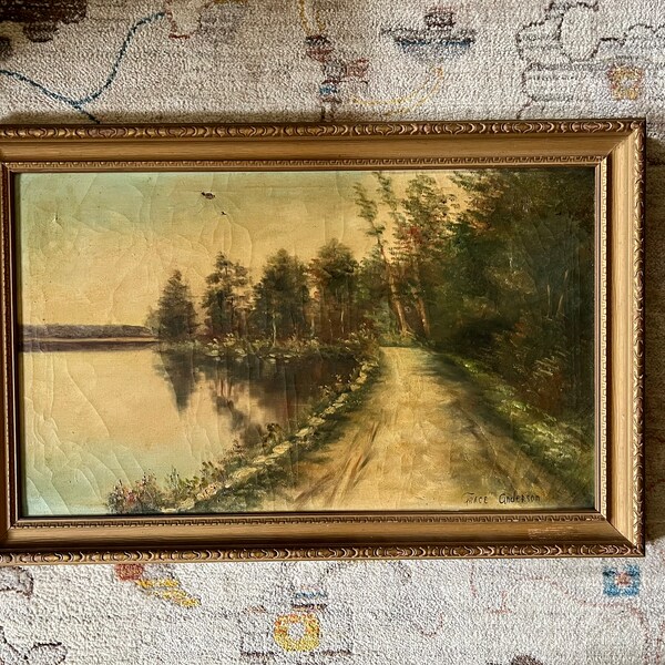 Antique 20th Century Landscape Oil Painting by Maine Artist Grace Anderson; Vintage New England Pastoral Landscape of Wooded Scene and Lake