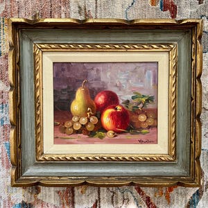 Fruit Vintage Still Life Oil Painting; Original Vintage Fruit Oil Painting with Apples, Pears ad Grapes; Still Life Painting of Fruit