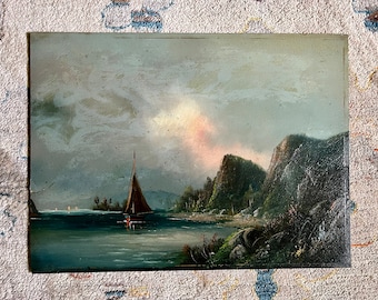 Vintage Original Hudson River Style Oil Painting, Moody Seascape with Sun and Mountains; Original Nautical Romanticist Oil Painting