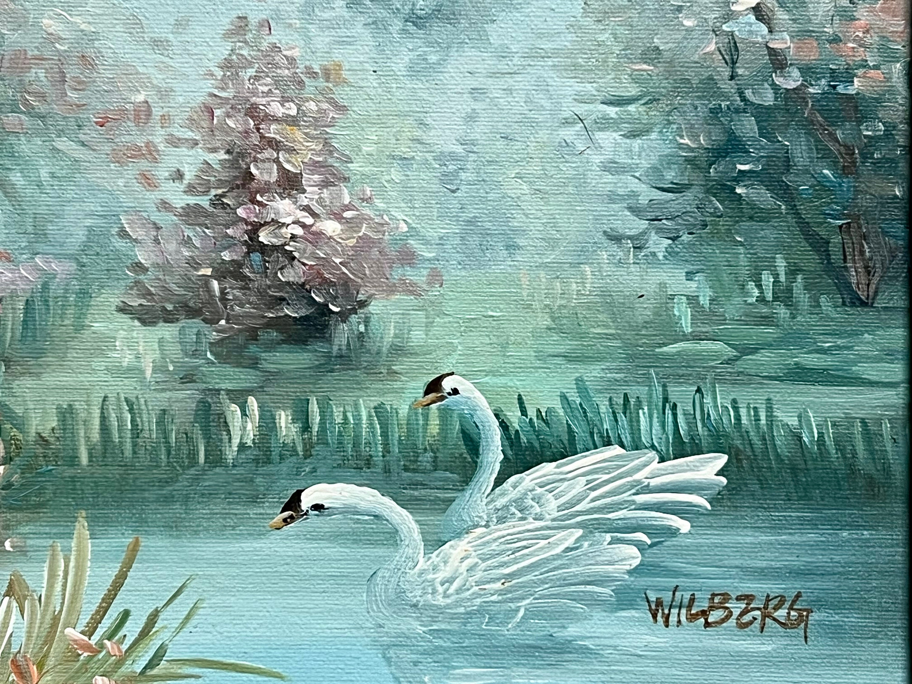 Vintage Swan Pond Oil Painting, Signed Wilberg, Framed Landscape