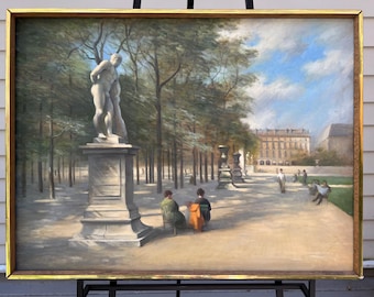 Vintage Framed Oil Painting, Jardin du Luxembourg Park Scene, Paris Art