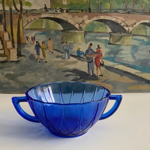 Vintage Depressionware Glass Newport Cobalt Blue Hazel-Atlas Cream Soup Bowl, Hazel-Atlas Depression Glass Newport Blue Glass Bowl, 1930