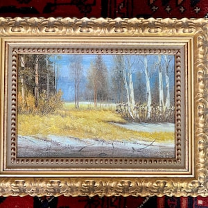 Vintage Treelined Landscape Painting; Original Landscape Painting of Birch and Pine Trees; Landscape Painting of Trees and Fields