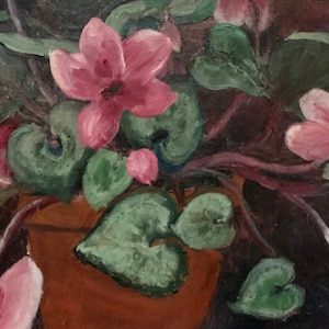 Original Vintage Floral Still LIfe Painting; Signed Vintage Still Life with Flowers, Floral Still Life Painting with Cyclamen Plant