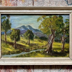 Original Oil Painting of Trees and River with Mountains, Vintage Pastoral Painting of River, Pastoral Landscape Painting with River