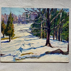 Landscape Oil Painting of Woods in Winter; Vintage Winter Landscape; Trees in Snow Landscape Painting; Original VIntage Snow Landscape