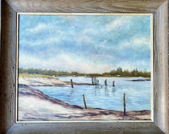 Vintage zeegezichtolieverfschilderij, oceaanzicht met meeuwen, gesigneerd M. Elder