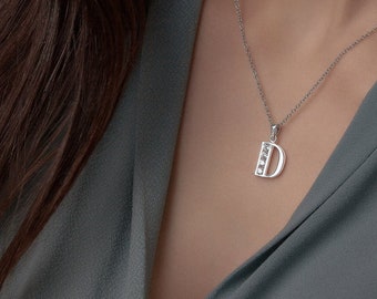 Sterling Silver Initial D Necklace, Silver Letter Necklace with Crystals, 925 Silver Letter necklace with Crystals