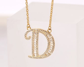 Sterling Silver Initial D Necklace, Monogram Pendant Necklace, 925 Silver Letter necklace with Crystals