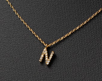 Mini Letter N Necklace Paved Initial N Necklace Personalized