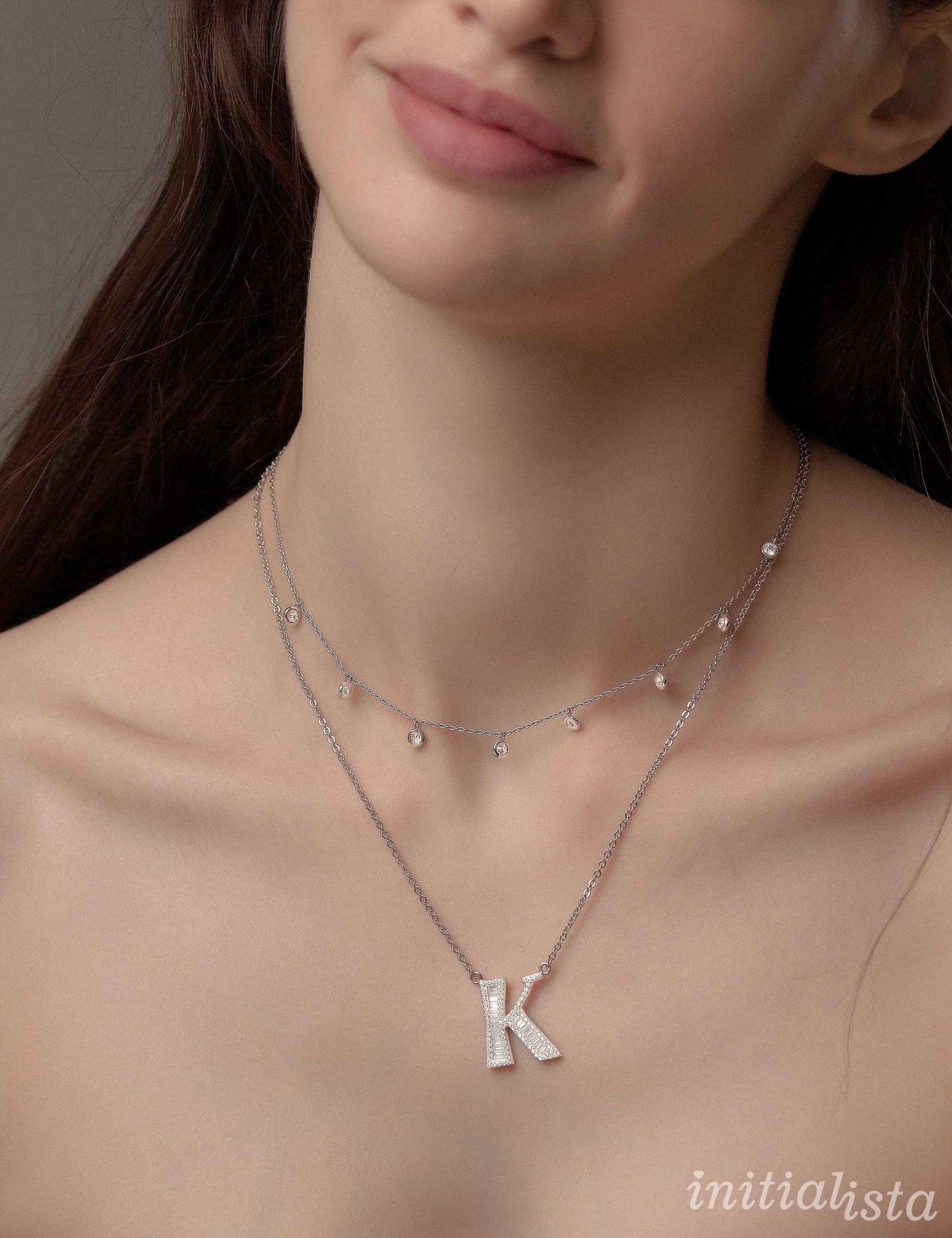 Sterling Silver Initial K Necklace, Monogram Pendant, Sparkly Initial